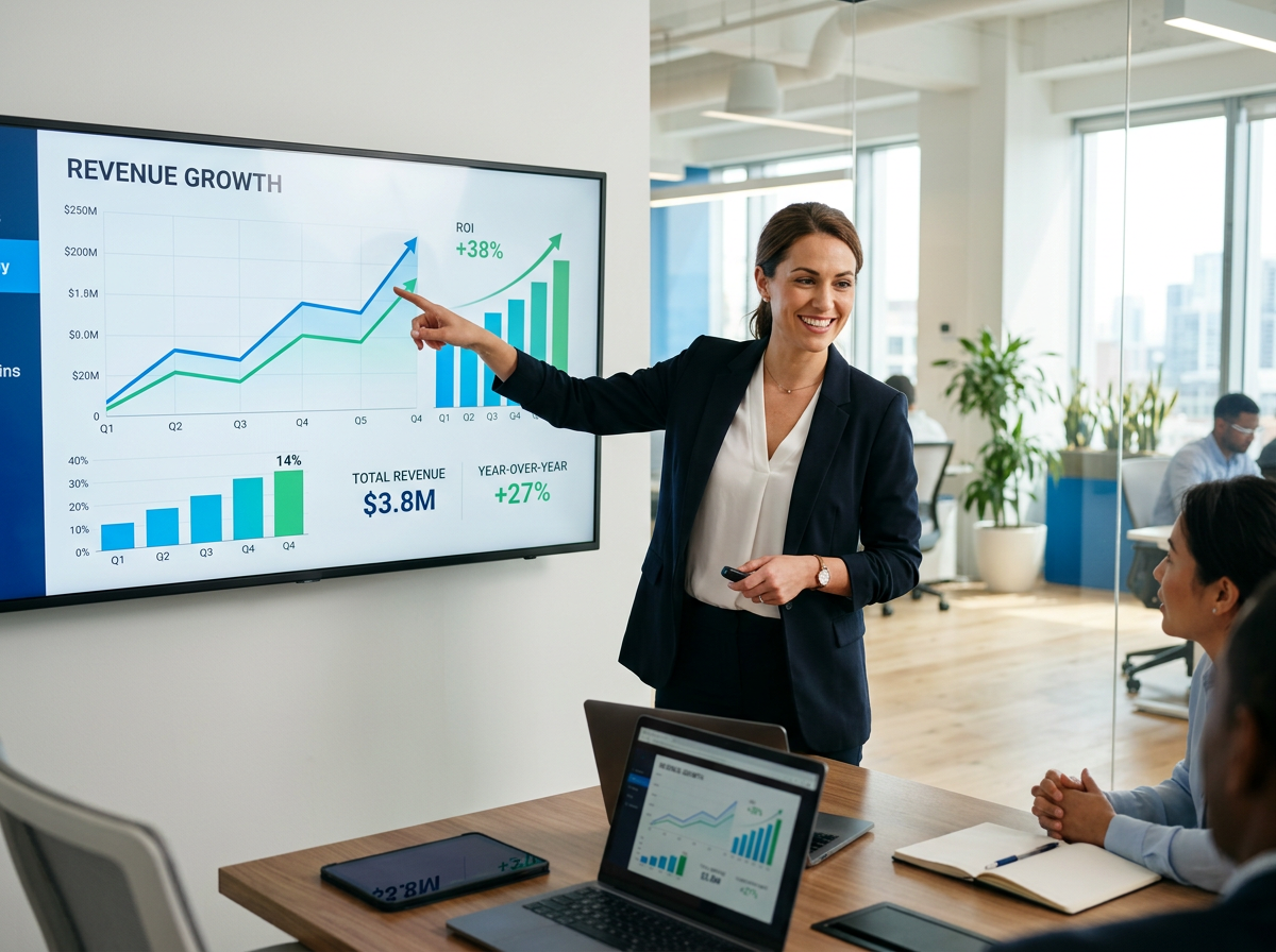 Analyst reviewing an upward-trending revenue growth dashboard