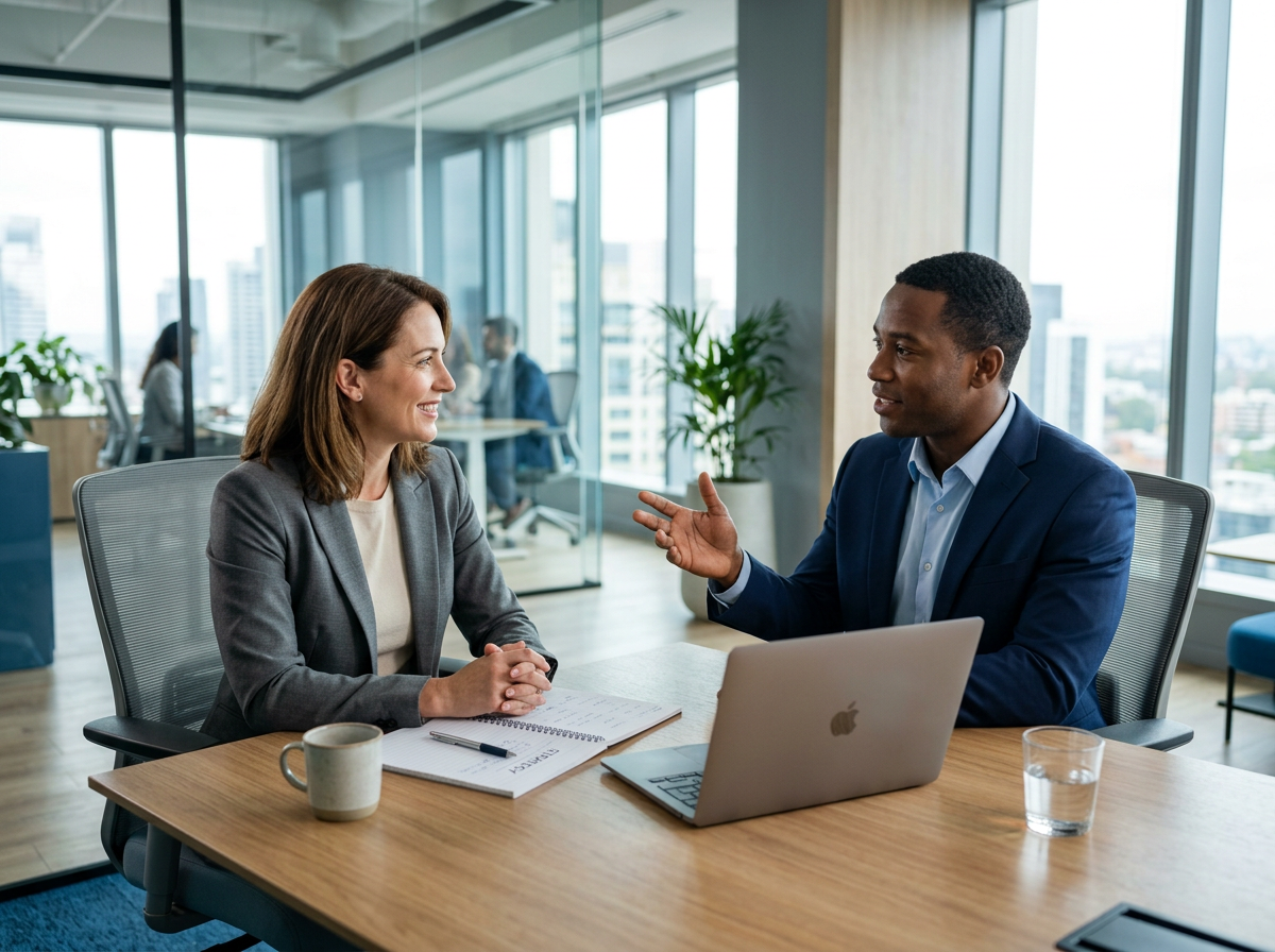 Two professionals in a focused AI automation strategy consultation