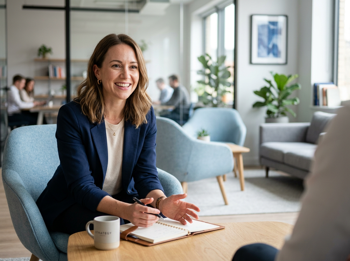 Friendly CMH Consultancy consultant discussing AI automation strategy with a client